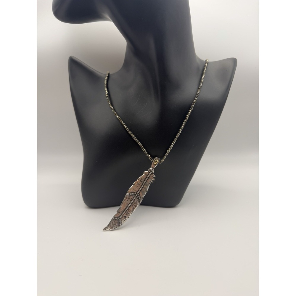 Pascale Monvoisin Sterling Silver Feather Pendant Pyrite Beaded Necklace Boho